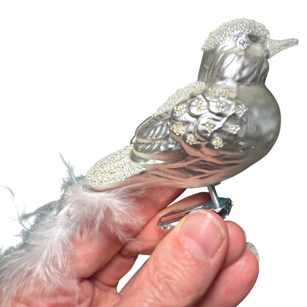 VTGBird Ornament Silver Mercury Glass Beaded Clip On Feather Tail Holiday Decor